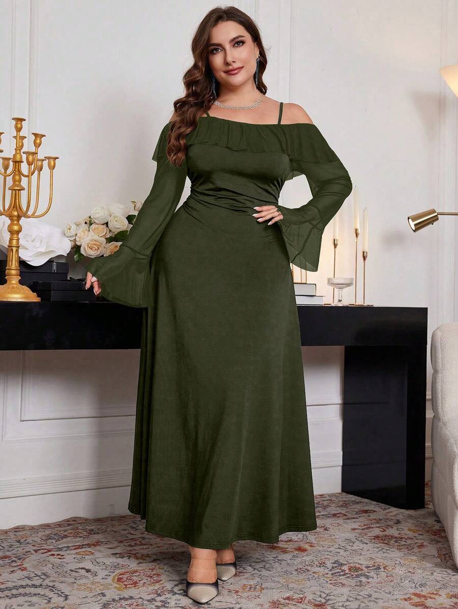 Modelyn 大码优雅纯色露肩喇叭袖吊带裙，春秋季，优雅 A 字裙，适合晚会/婚礼嘉宾/周年纪念日，超长女装 - 軍綠色 - 查看 1