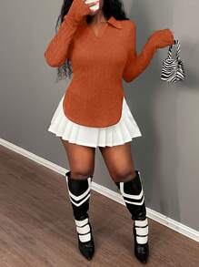 Slaydiva Women's Casual Solid Color Side Slit Fitted T-Shirt, Autumn