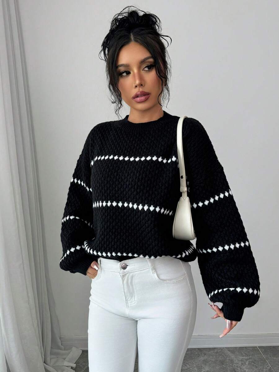 Selianne Loose Striped Print Crew Neck Casual Long Sleeve Women Sweater Knit Pullover Fall Winter Outfit - Black and White - View 1