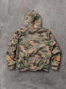 Manfinity EMRG Young Men's Streetwear INS Camouflage Oversized Flame Knight Positioning Burnout Hooded Sweatshirt ,Fall And Winter Men Clothes ,Camo Hoodie ,Orange Pattern - Multicolor - View 3