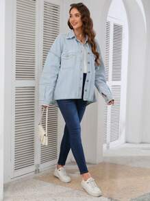 SHEIN Washed Denim Jacket With Frayed Edges, Casual Maternity Wear For Autumn