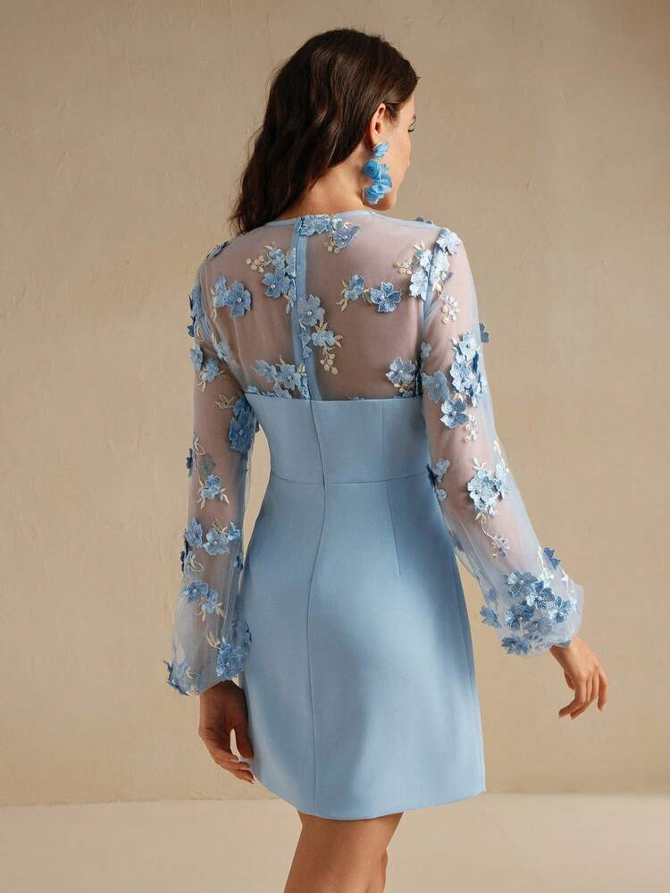 New Year's Eve Floral Patchwork Sheer Elegant Dress For Women, Autumn