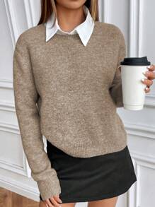 SHEIN Unity 休闲风格纯色圆领针织长袖毛衣 - 駝色 - 查看 1