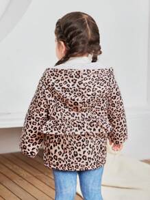 SHEIN Leap Crew Babygirl Leopard Print Hooded Jacket, Warm Thick Lined, Versatile Autumn/Winter - Khaki - View 2