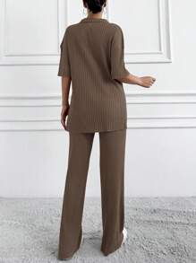 RueChic Cotton Two Pieces Set Polo Neck Top And Pant Set Rib Knit Fabric - Mocha Brown - View 2