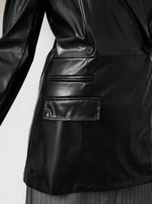 TRNVIE 1 件女式黑色领扣收腰长袖 PU 夹克，极简主义设计，适合秋冬季 - 黑色 - 查看 3