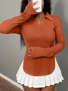 Slaydiva Women's Casual Solid Color Side Slit Fitted T-Shirt, Autumn