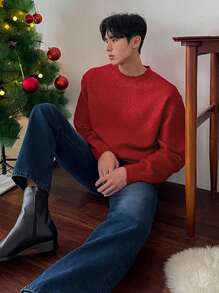 DAZY Men's Casual Christmas Red Crew Neck Sweater, Autumn/Winter Christmas