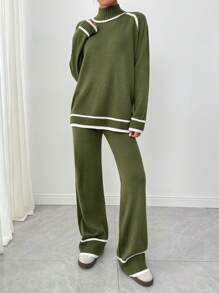 Pariaura 2pcs Women Set, Regular Raglan White And Striped Trim Sweater - Army Green - View 5