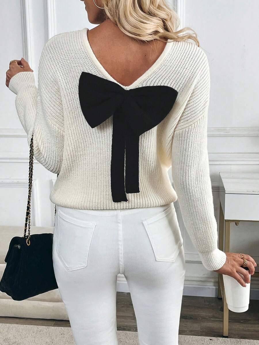 SHEIN Unity New V-Neck Bowknot Back Loose Casual Knit Pullover Sweater For Women Knit Pullover Fall Winter - Apricot - View 1