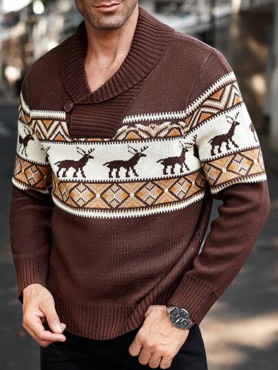 Manfinity Homme Men's Button Front Long Sleeve Graphic Deer Detail Casual Colorful Long Sleeve Chunky Sweater, For Going Out, Boyfriend Gift