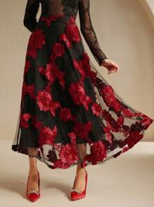 Anewsta New Vintage Elegant Versatile Floral Embroidery Mesh High Waist A-Line Skirt, Autumn/Spring Maxi, Christmas - Multicolor - View 3