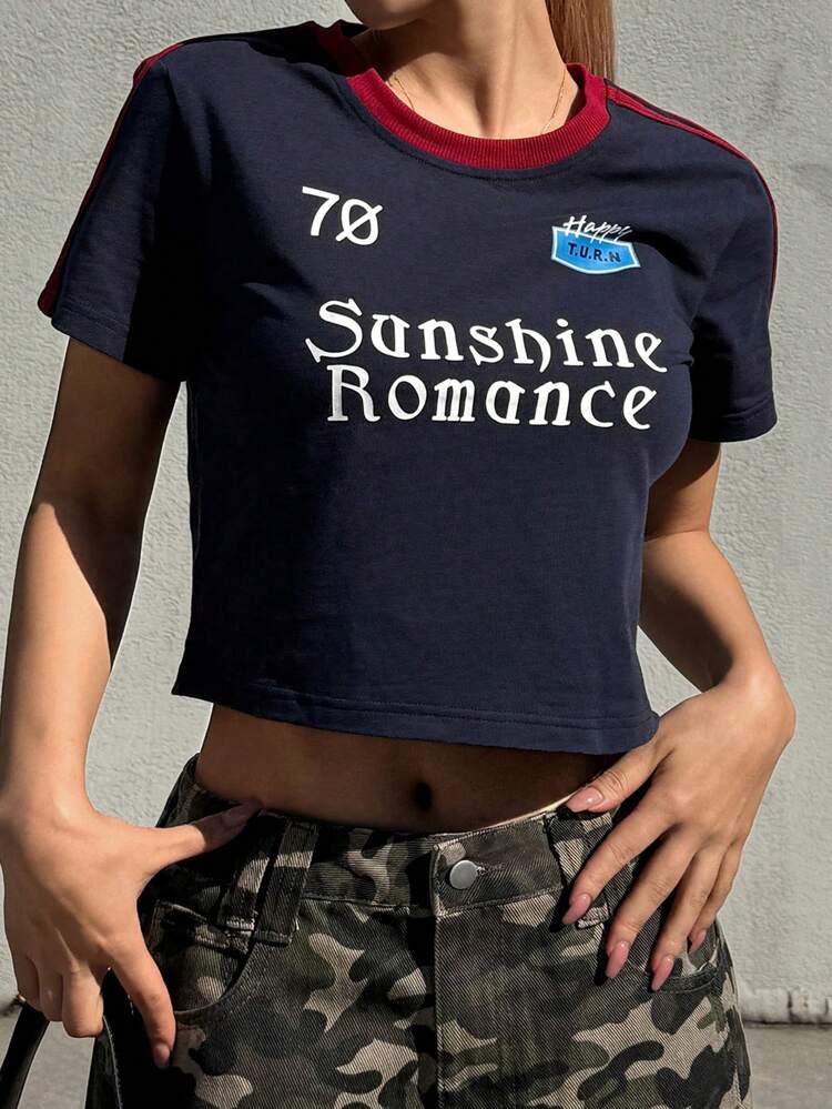 Women's Letter Print Crop Round Neck Short Sleeve Fitted T-Shirt,Graphic Tees