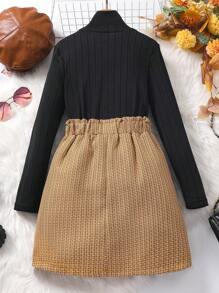 2pcs/Set Tween Girl' Elegant Heart Sequin Knit Long Sleeve Top And Skirt Set