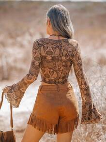 SHEIN VCAY 度假针织网眼印花喇叭袖上衣，棕色，长袖上衣 - 棕色 - 查看 2