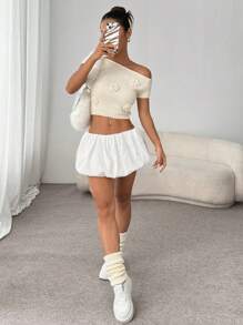 SHEIN Unity 3D Floral Sexy Off Shoulder Fashionable Women Knit Sweater - Apricot - View 6
