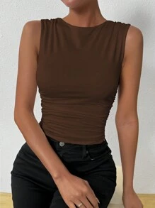 Chiquease Women's Fashion Simple Solid Color Pleated Fitted Camisole, Summer - Coffee Brown - View 3