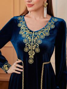 Al Najma 优雅刺绣长款阿拉伯连衣裙，秋季，朴素长袖优雅长款 Jalabiya 阿拉伯连衣裙，适合晚会/婚礼嘉宾/周年纪念 - 藍色 - 查看 7