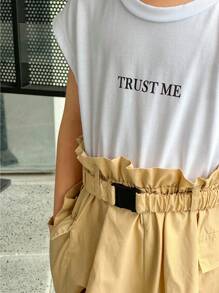 SHEIN Robe kaki décontractée pour jeune fille sans manches avec poche et bloc de couleurs contrastantes, été - Kaki - Voir 4