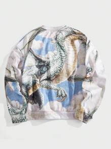 Forever 21 Men's Boxy Oversized Sweatshirt With Dragon Print In Light Grey Fall/Winter