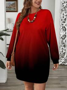 SHEIN LUNE RED Gradient Color Pattern Round Neck Plus Size Women Long Hoodie Dress, Autumn/Winter