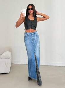 RueChic HIGH RISE MAXI DENIM SKIRT WITH SLIT - Medium Wash - View 1