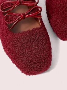 CUCCOO DOLLMOD Women Square Toe Fluffy Red Mary Jane Flat Shoes With Bow, Simple & Stylish, Cute Design Valentines - Red - View 7