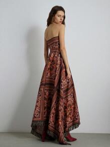 Aveloria Modichic 波西米亚风围巾腰部荷叶边下摆流苏图案女士连衣裙，秋季节日派对生日正式场合连衣裙