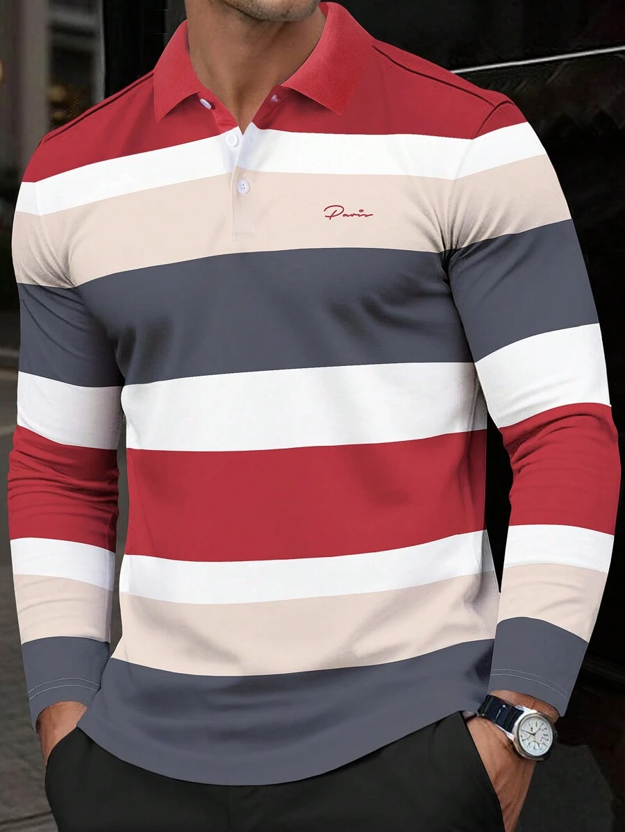 Manfinity Homme Men's Letter Printed Contrast Striped Polo Shirt - Multicolor - View 1