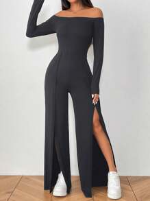 SHEIN Unity Black Off Shoulder Long Sleeve Straight-Leg Jumpsuit With Front High Split