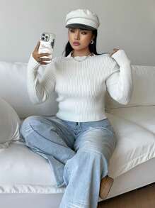 Flirla 大码女式修身套头毛衣，简约设计，秋冬新款针织套头衫 - 白色 - 查看 3