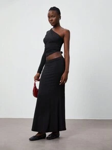 SHEIN Unity 2pcs Women Black Asymmetric Ruched One Shoulder Top & Bodycon Skirt Simple Set, Autumn/Winter Fall Cloth For Women - Black - View 3