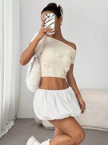 SHEIN Unity 3D Floral Sexy Off Shoulder Fashionable Women Knit Sweater - Apricot - View 5