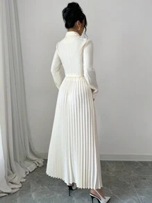 Chiquease Elegant Solid Color Pleated Pencil Skirt And Formal Blazer Suit Set For Women - Apricot - View 2