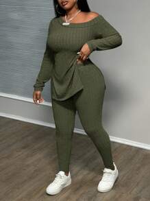 Slaydiva Plus Size Women Ribbed Fabric Asymmetrical Neck Long Sleeve Top And Pants Set, Warm For Autumn/Winter