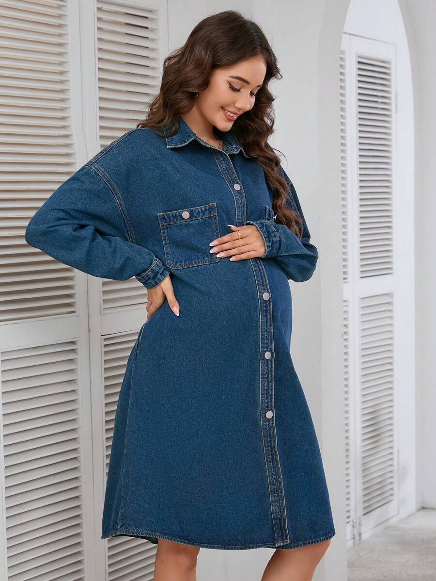 SHEIN 孕妇休闲前扣牛仔连衣裙，秋季 - 深色水洗藍 - 查看 1