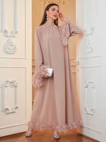 Al Najma 女士蓬松拼布宽松优雅阿拉伯连衣裙，优雅朴素长袖卡夫坦阿拉伯连衣裙，适合晚会/婚礼嘉宾/周年纪念 - 粉色 - 查看 7