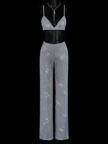 SHEIN ICON 2 件套银线吊带上衣和直腿超长裤派对装