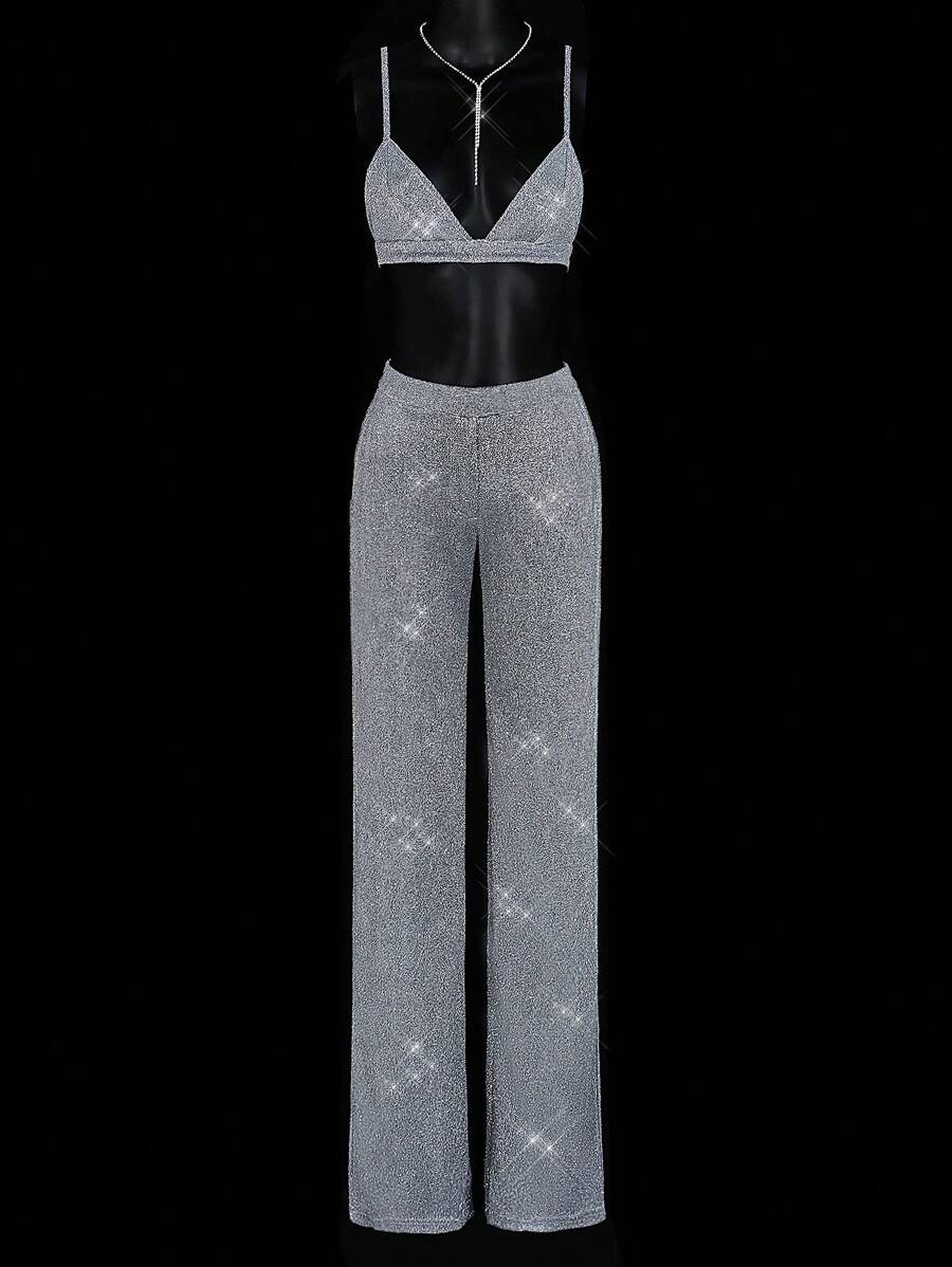 SHEIN ICON 2 件套银线吊带上衣和直腿超长裤派对装