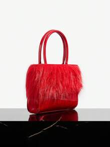 SHEIN SXY Ladies, Women Top Handle Bags, Fashionable, Simple, Elegant, Versatile, Personalized, Red, Fur & Fuzz, Plush, For Classic, Commute, Office, Date, Daily, Shopping, Afternoon Tea, Christmas, Valentine's Day Valentines - Red - View 3