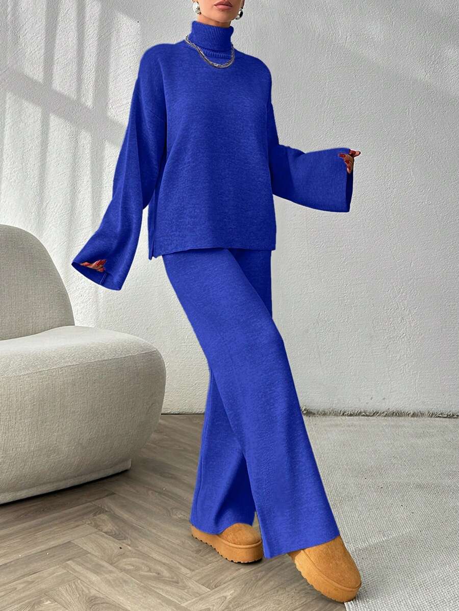 EURMUSE 2 peças/conjunto suéter de gola alta de cor sólida, manga comprida, top e calças - Azul Real - Ver 1