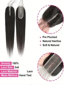 2x6 透明蕾丝闭合人发，带婴儿头发，直发，深中分直发闭合人发，自然发际线，女性预拔 - Natural Black - 查看 5