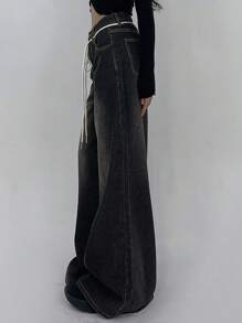 DAZY Quần Jeans Ống Rộng Rộng Có Dây Rút Màu Bạc Cho Nữ - Xám - Xem 5