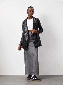 TRNVIE 1 件女式黑色领扣收腰长袖 PU 夹克，极简主义设计，适合秋冬季 - 黑色 - 查看 5