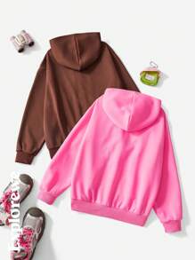 SHEIN 2pcs Set Tween Girls Soft & Cozy Hooded Sweatshirt, Minimalist Design, Unisex Sweatshirt Suitable For Casual City Outings, School, Daily Wear - Multicolor - View 2