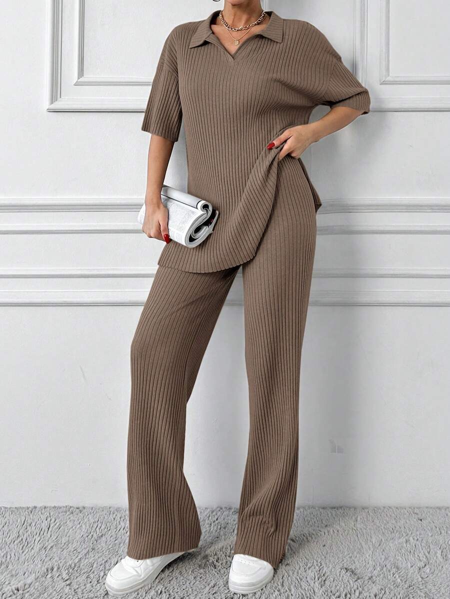 RueChic Cotton Two Pieces Set Polo Neck Top And Pant Set Rib Knit Fabric - Mocha Brown - View 1