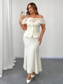 Elenzga 2pcs/Set Plus Size Elegant Floral Off Shoulder Top And Skirt, Autumn - Apricot - View 1