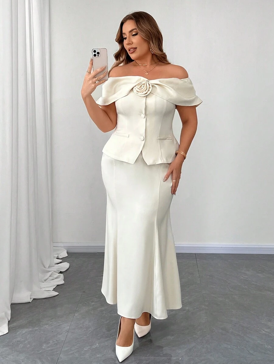 Elenzga 2pcs/Set Plus Size Elegant Floral Off Shoulder Top And Skirt, Autumn - Apricot - View 1