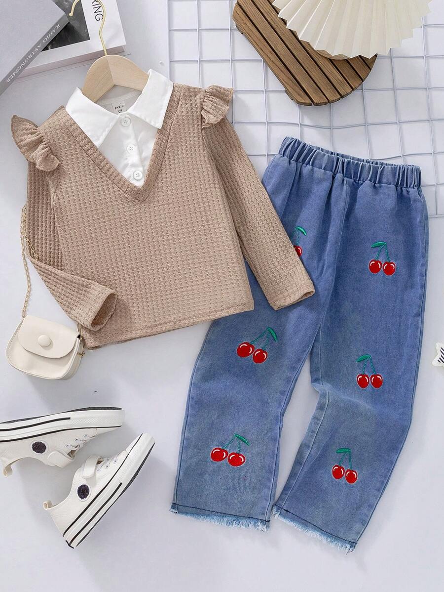 SHEIN 2pcs/Set Young Girl Retro 2 In 1 T-Shirt With Cherry Embroidered Denim Pants - Multicolor - View 1