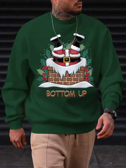 Manfinity Dauomo Autumn/Winter Dark Green Men Crew Neck Christmas Sweatshirt With Upside Down Santa Claus Graphic And Text